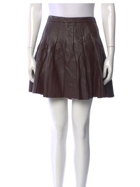 AllSaints Brown Leather Pleated Mini Skirt with Front Zip